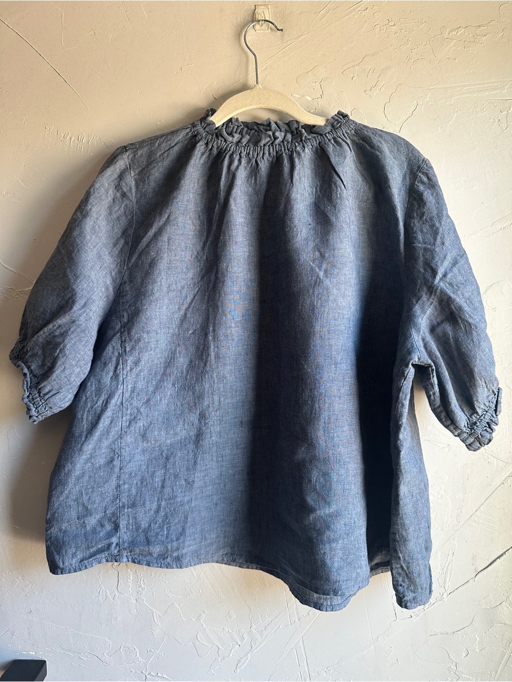 MAX 100% Linen Ruffle Neck Blouse Dusty Slate Blue Cottagecore Lagenlook Size 14